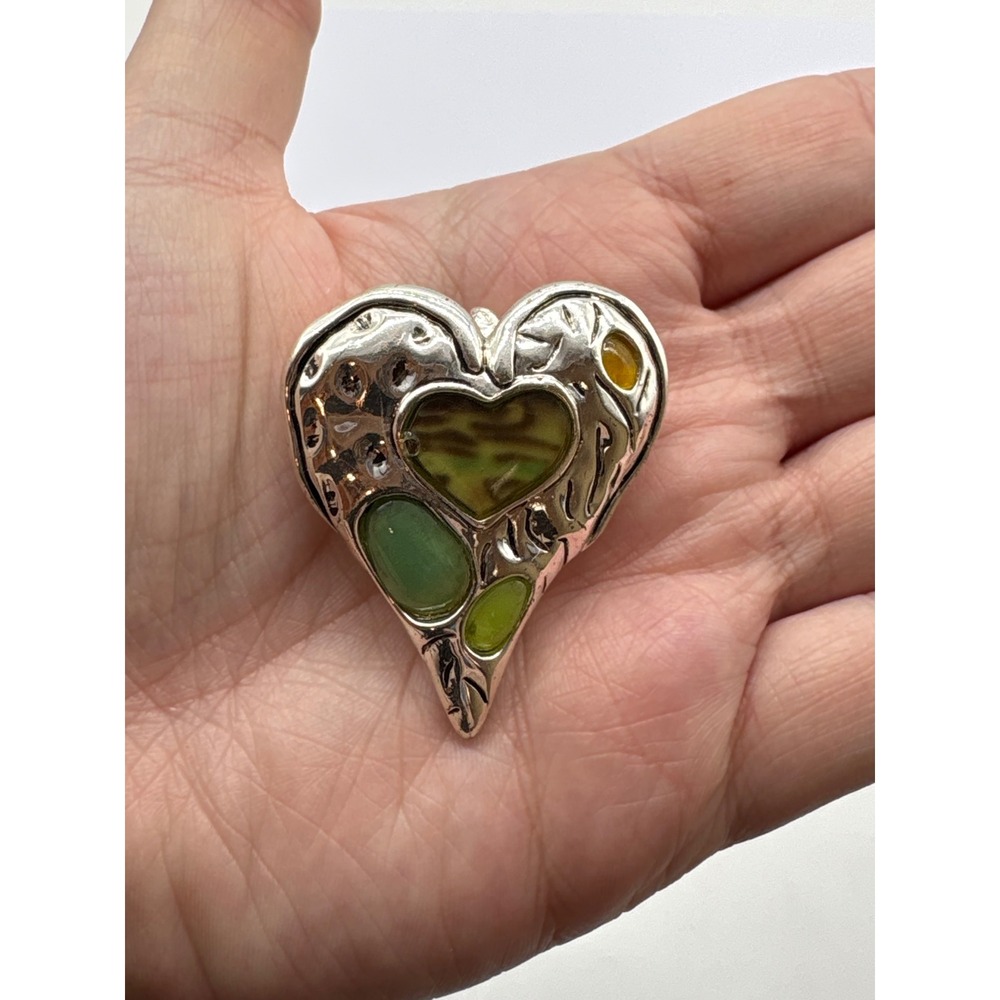 Vintage Silver Heart Brooch Pendant Inlaid Green Yellow Stones Hammered J58